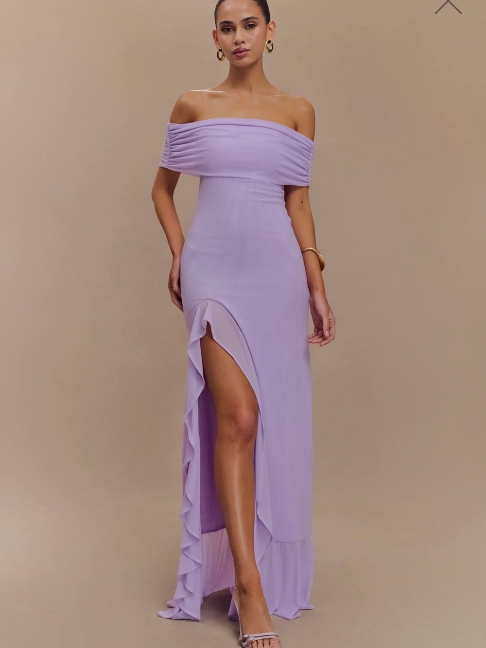 Meshki Lavender Off-Shoulder Ruffle Maxi Dress